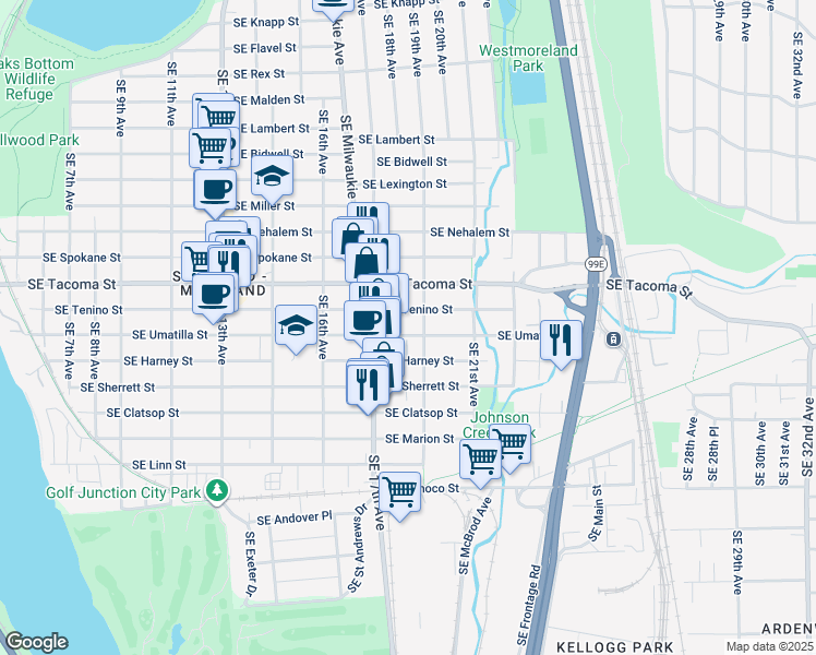 map of restaurants, bars, coffee shops, grocery stores, and more near 1804 Southeast Tenino Street in Portland