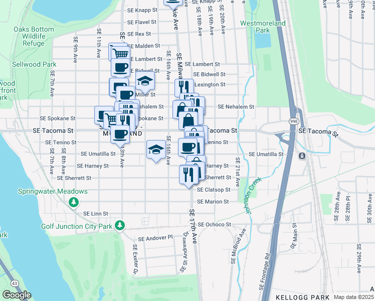 map of restaurants, bars, coffee shops, grocery stores, and more near 8145 Southeast 17th Avenue in Portland