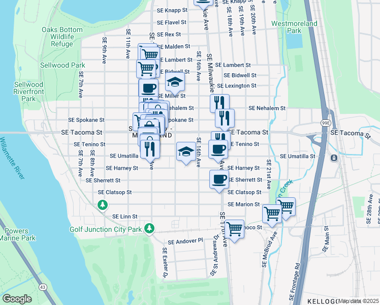 map of restaurants, bars, coffee shops, grocery stores, and more near 1552 Southeast Tenino Street in Portland