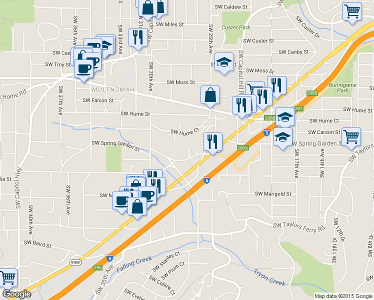 map of restaurants, bars, coffee shops, grocery stores, and more near 2676 Southwest Hume Court in Portland