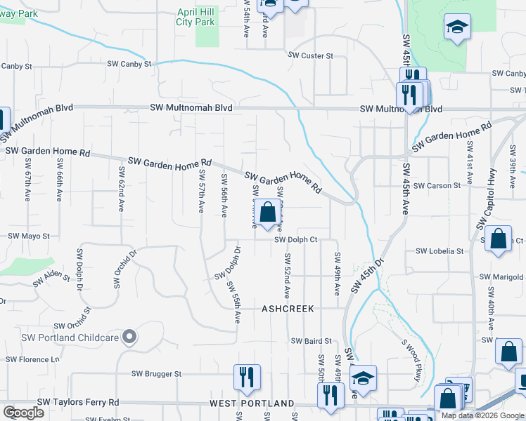 map of restaurants, bars, coffee shops, grocery stores, and more near 8439 Southwest 52nd Avenue in Portland