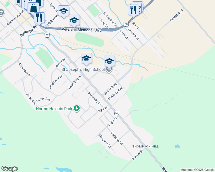 map of restaurants, bars, coffee shops, grocery stores, and more near 58 Barnet Boulevard in Renfrew