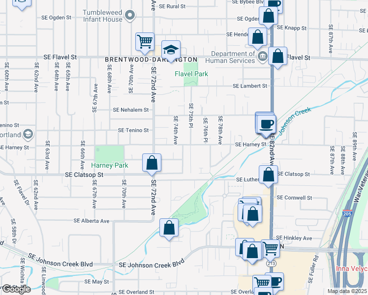 map of restaurants, bars, coffee shops, grocery stores, and more near 7500 Southeast Harney Street in Portland