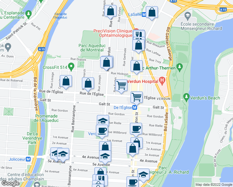 map of restaurants, bars, coffee shops, grocery stores, and more near 475 Rue de l'Église in Montréal