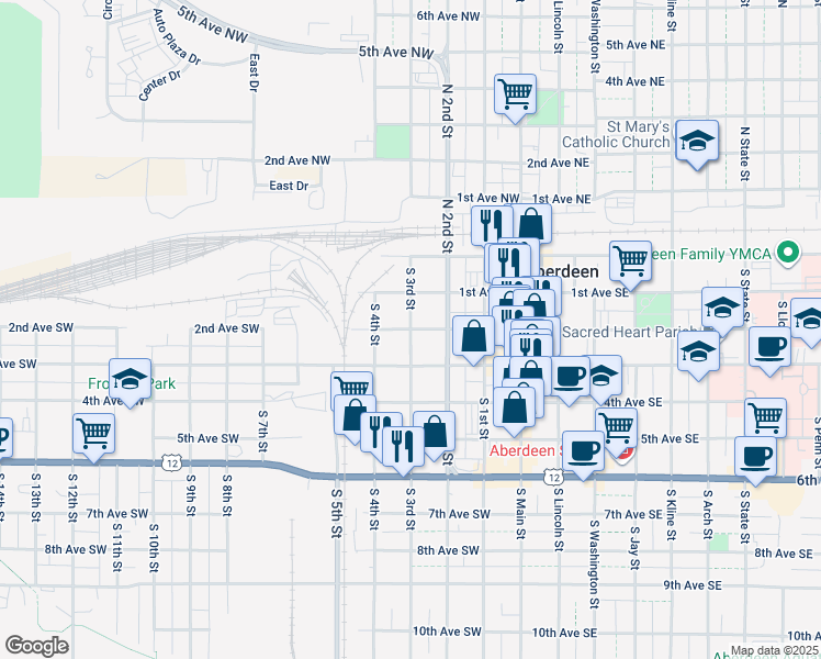 map of restaurants, bars, coffee shops, grocery stores, and more near 300 2nd Avenue Southwest in Aberdeen