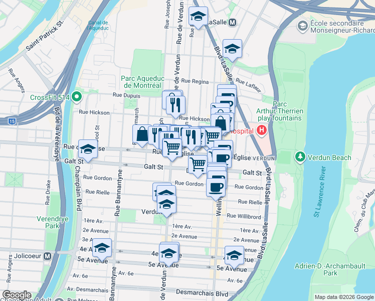 map of restaurants, bars, coffee shops, grocery stores, and more near 475 Rue de l'Église in Montréal