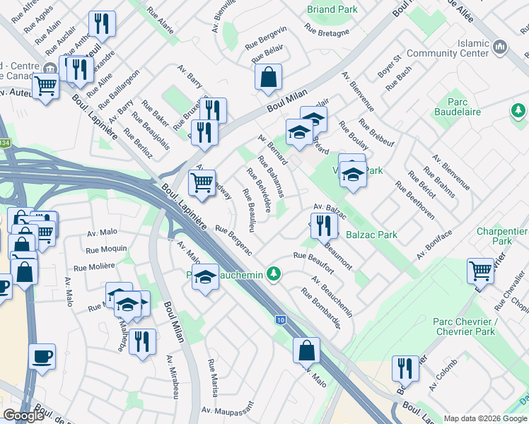 map of restaurants, bars, coffee shops, grocery stores, and more near 3345 Rue Belvédère in Brossard