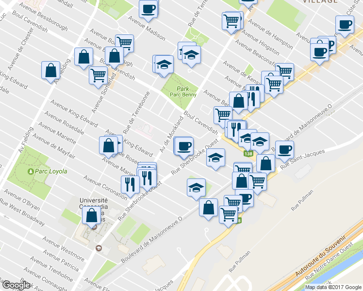 map of restaurants, bars, coffee shops, grocery stores, and more near 3466 Avenue Walkley in Montréal