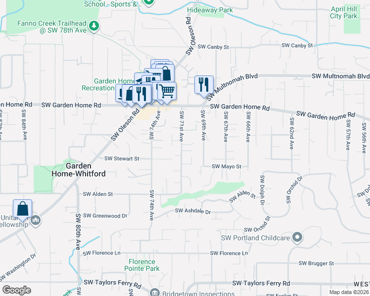 map of restaurants, bars, coffee shops, grocery stores, and more near 7080 Southwest Royal Oak Court in Portland