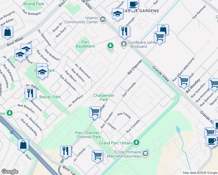 map of restaurants, bars, coffee shops, grocery stores, and more near 5635 Rue Charpentier in Brossard