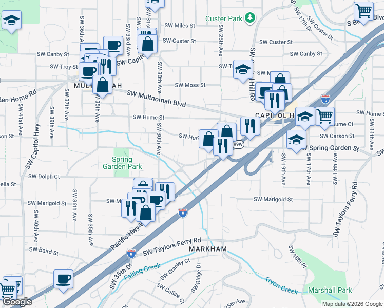 map of restaurants, bars, coffee shops, grocery stores, and more near 2676 Southwest Hume Court in Portland