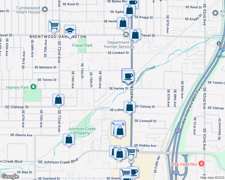map of restaurants, bars, coffee shops, grocery stores, and more near 7912 Southeast Harney Street in Portland