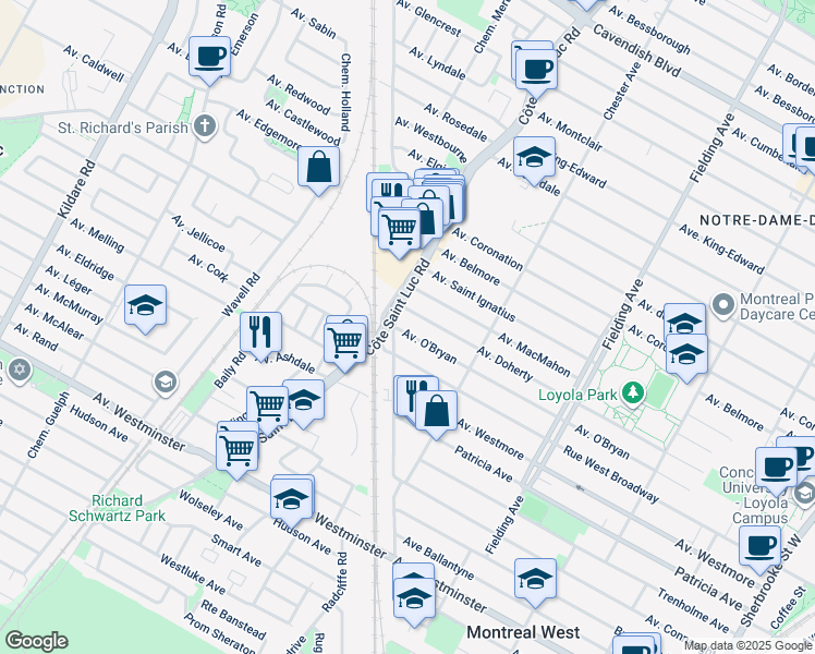 map of restaurants, bars, coffee shops, grocery stores, and more near 5467 Avenue O'Bryan in Montréal
