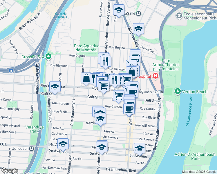 map of restaurants, bars, coffee shops, grocery stores, and more near 517 Rue de l'Église in Montréal