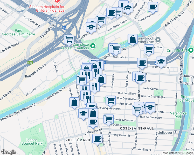 map of restaurants, bars, coffee shops, grocery stores, and more near 5600 Rue Briand in Montréal