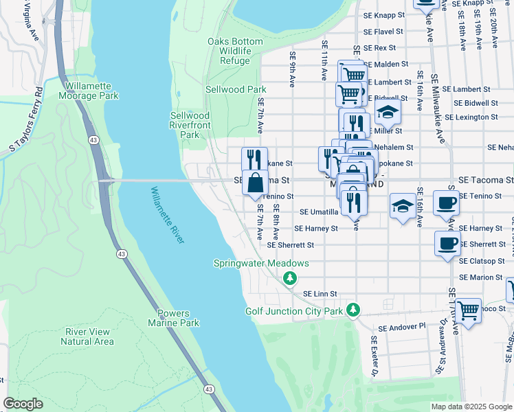 map of restaurants, bars, coffee shops, grocery stores, and more near 8203 Southeast 7th Avenue in Portland