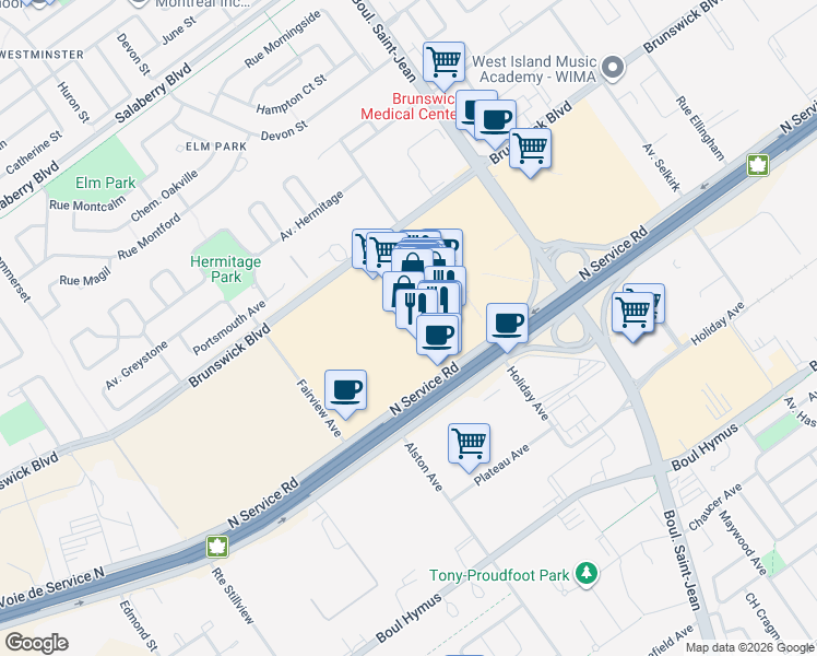 map of restaurants, bars, coffee shops, grocery stores, and more near 6815 Trans-Canada Highway in Pointe-Claire