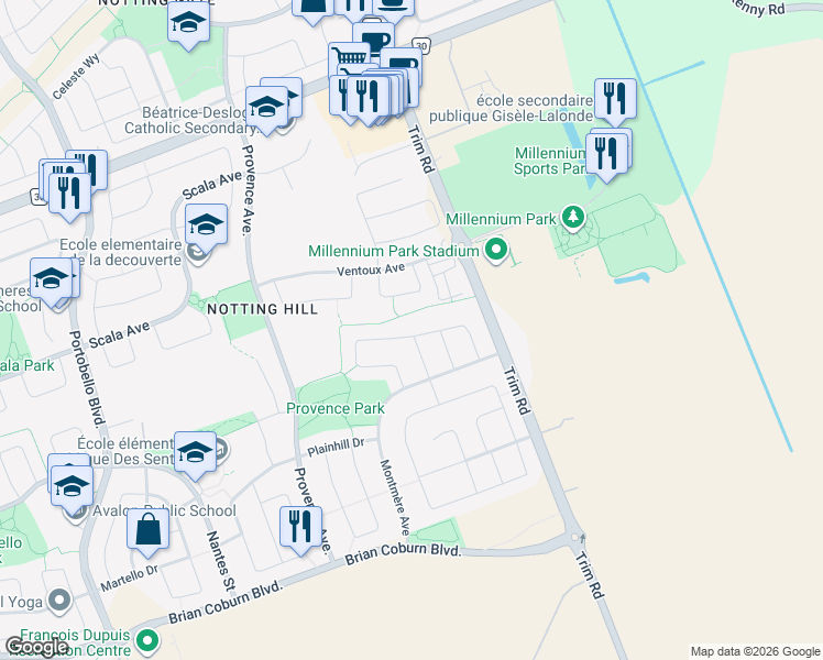 map of restaurants, bars, coffee shops, grocery stores, and more near 1843 Arrowgrass Way in Ottawa