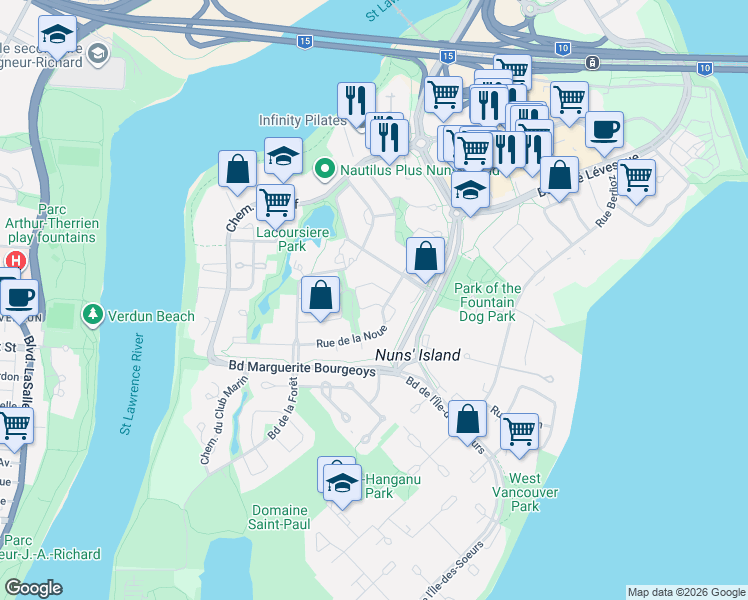 map of restaurants, bars, coffee shops, grocery stores, and more near 614 Rue Dupret in Montréal