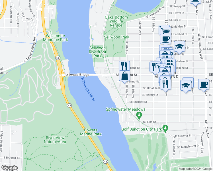 map of restaurants, bars, coffee shops, grocery stores, and more near 314 Southeast Spokane Street in Portland