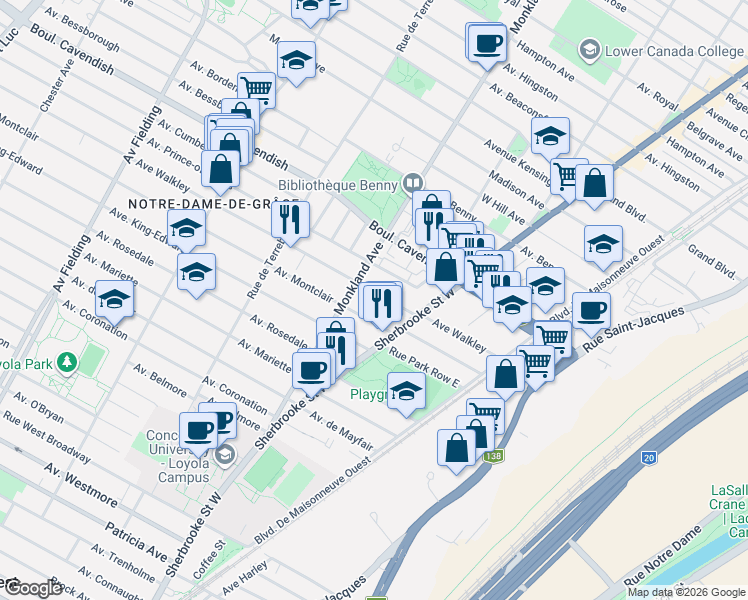 map of restaurants, bars, coffee shops, grocery stores, and more near 3476 Avenue Walkley in Montréal