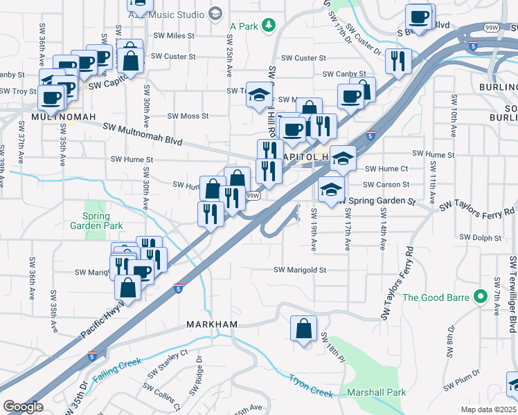 map of restaurants, bars, coffee shops, grocery stores, and more near in Portland