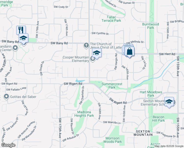 map of restaurants, bars, coffee shops, grocery stores, and more near 16925 Southwest Shelby Court in Beaverton