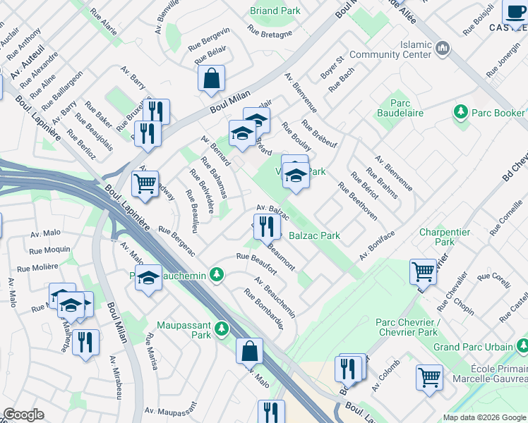 map of restaurants, bars, coffee shops, grocery stores, and more near 3805 Avenue Balzac in Brossard