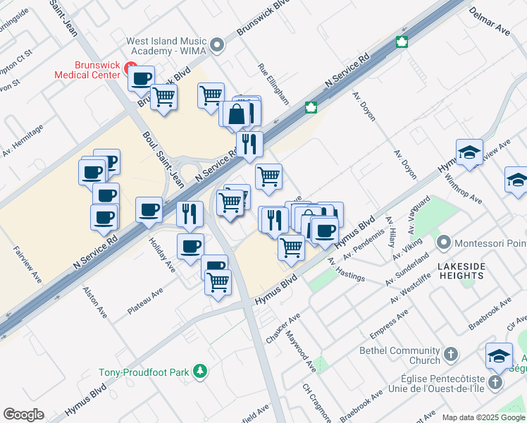 map of restaurants, bars, coffee shops, grocery stores, and more near 11 Place de la Triade in Pointe-Claire