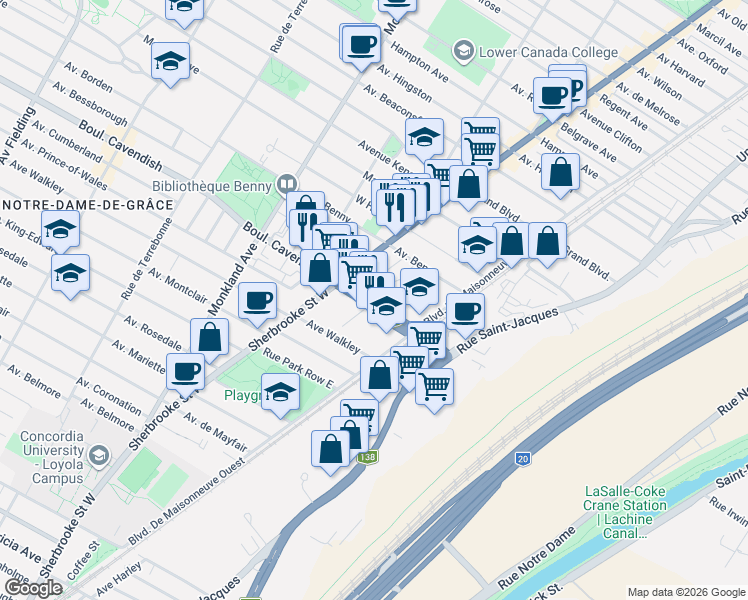 map of restaurants, bars, coffee shops, grocery stores, and more near 3363 Boulevard Cavendish in Montréal