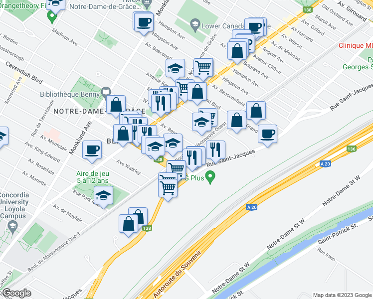 map of restaurants, bars, coffee shops, grocery stores, and more near 6427 Boulevard De Maisonneuve Ouest in Montreal