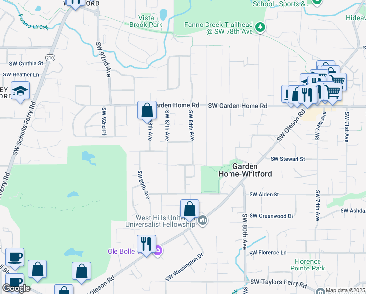 map of restaurants, bars, coffee shops, grocery stores, and more near 8550 Southwest Garden Lane in Portland
