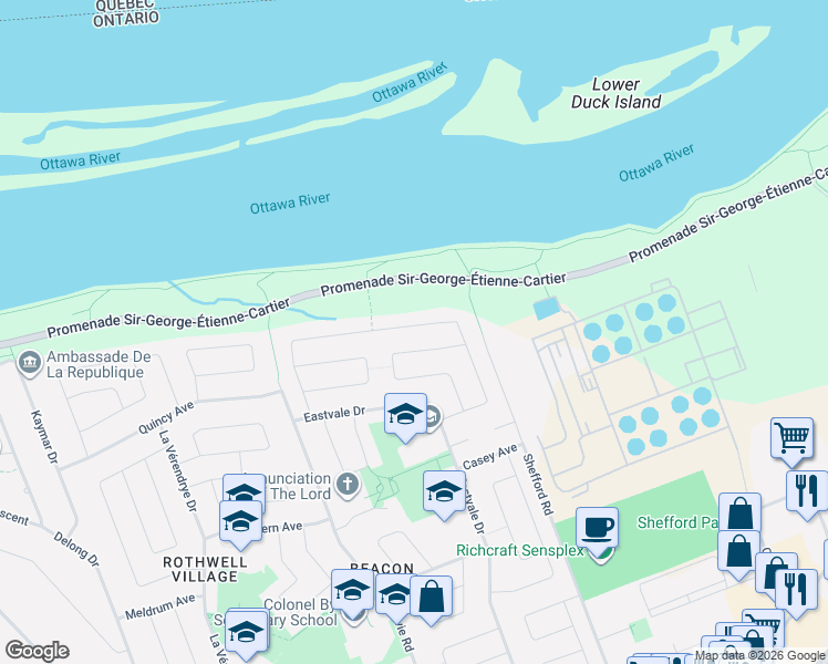 map of restaurants, bars, coffee shops, grocery stores, and more near 2158 Fillmore Crescent in Ottawa