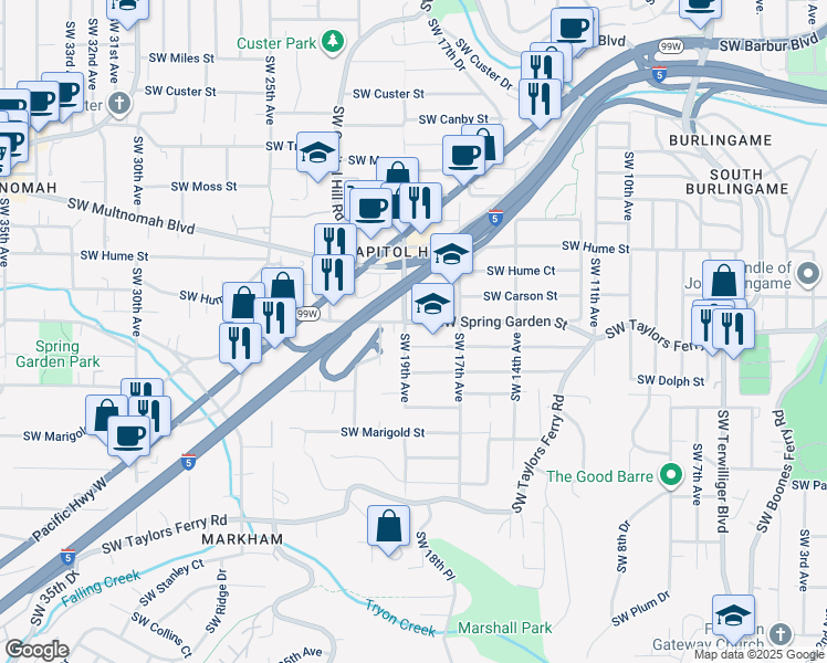 map of restaurants, bars, coffee shops, grocery stores, and more near 8535 Southwest 19th Avenue in Portland
