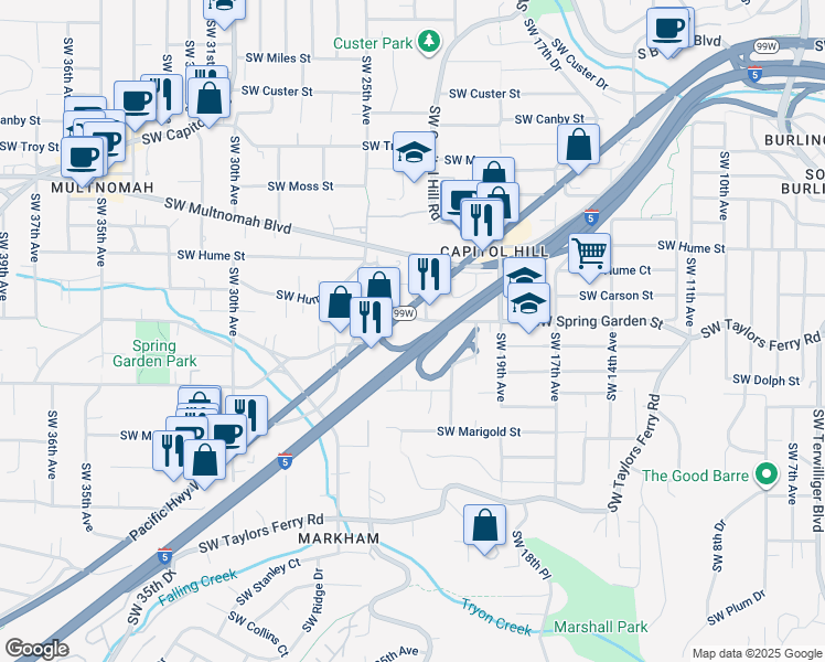 map of restaurants, bars, coffee shops, grocery stores, and more near 2222 Southwest Spring Garden Street in Portland
