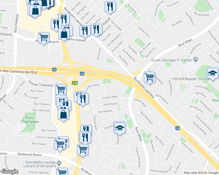 map of restaurants, bars, coffee shops, grocery stores, and more near 2652 Croissant Marseille in Brossard
