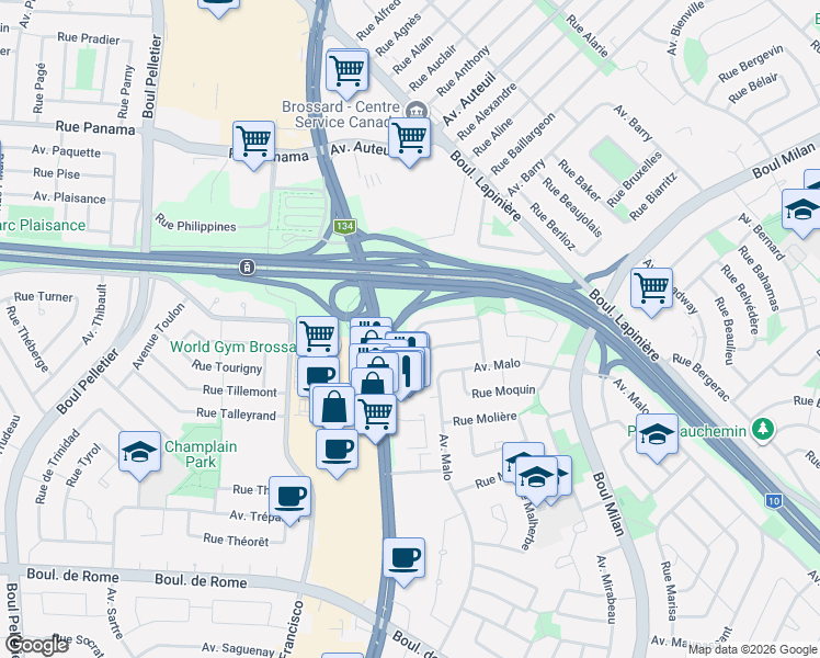 map of restaurants, bars, coffee shops, grocery stores, and more near 2300 Croissant Marin in Brossard