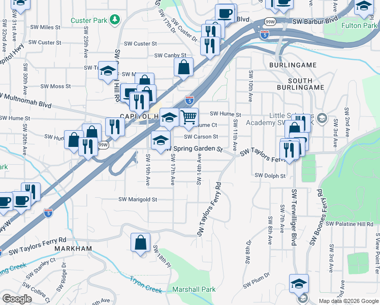 map of restaurants, bars, coffee shops, grocery stores, and more near 1519 Southwest Spring Garden Street in Portland