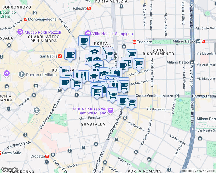 map of restaurants, bars, coffee shops, grocery stores, and more near 26-36 Via Filippo Corridoni in Milan