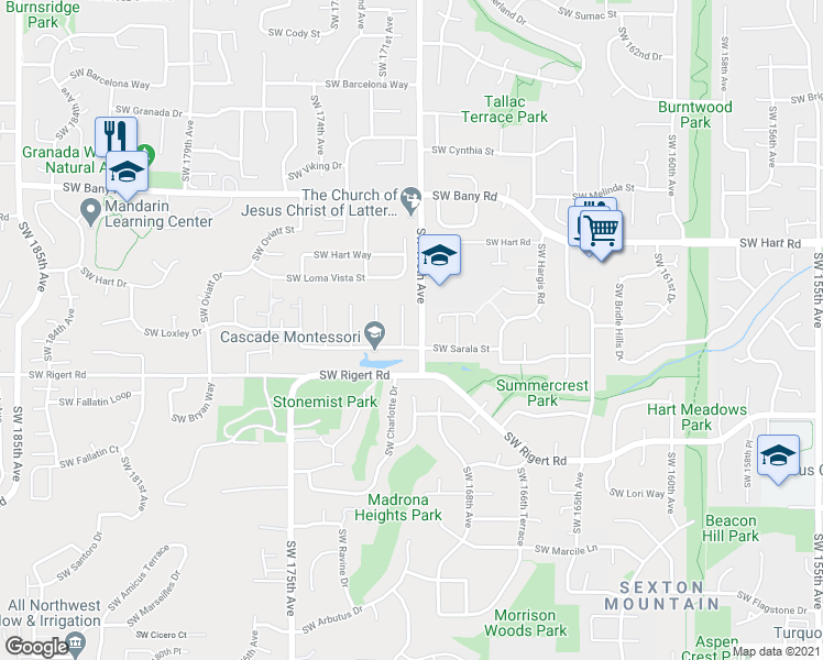map of restaurants, bars, coffee shops, grocery stores, and more near 7846 Southwest 171st Place in Beaverton