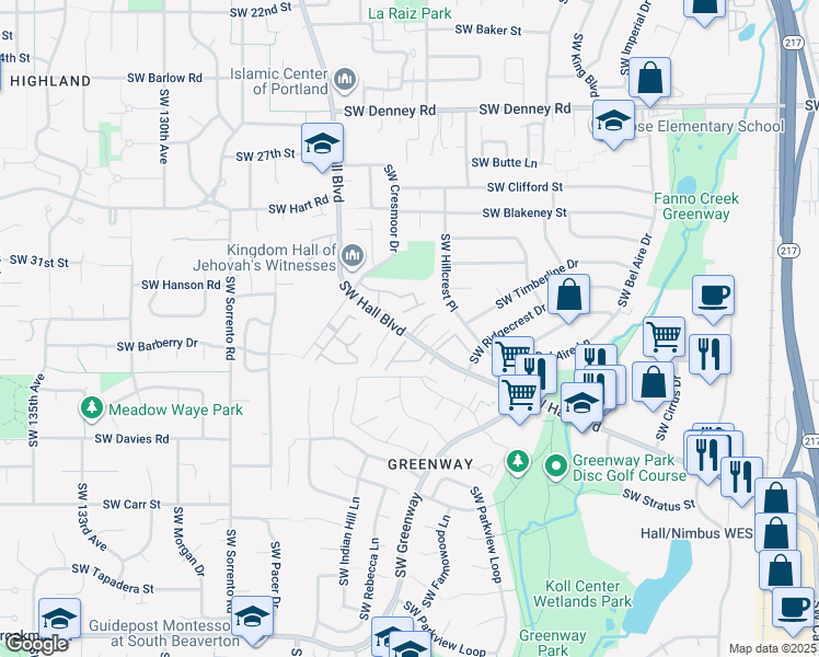 map of restaurants, bars, coffee shops, grocery stores, and more near 7860 Southwest Hall Boulevard in Beaverton