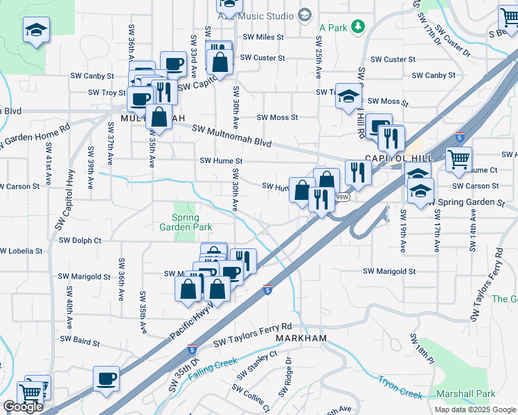 map of restaurants, bars, coffee shops, grocery stores, and more near 2819 Southwest Spring Garden Street in Portland