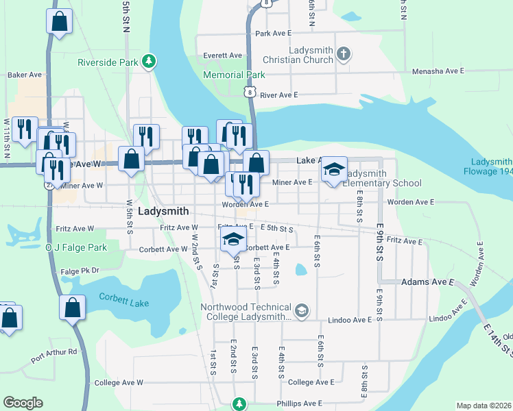 map of restaurants, bars, coffee shops, grocery stores, and more near 304 Miner Avenue East in Ladysmith