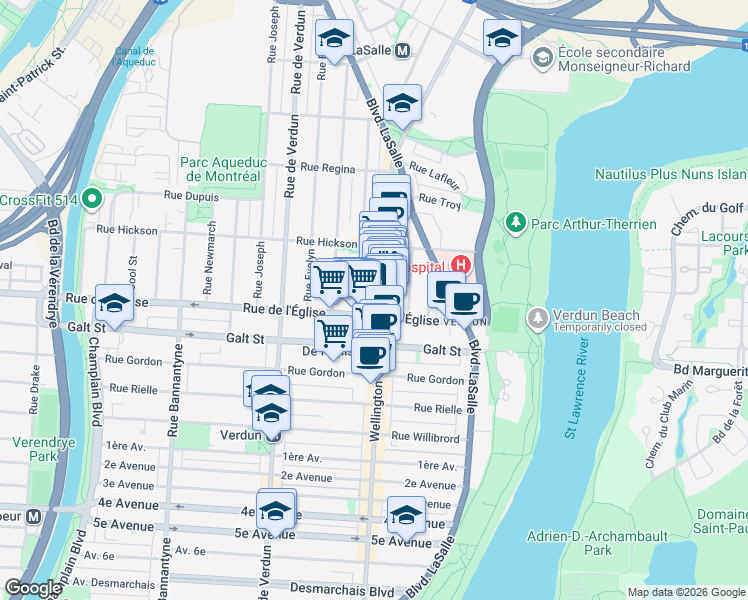 map of restaurants, bars, coffee shops, grocery stores, and more near in Montreal