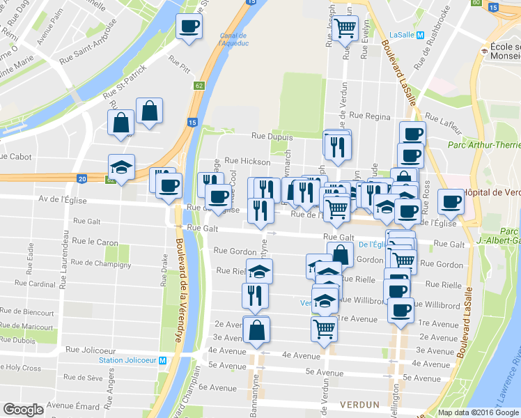 map of restaurants, bars, coffee shops, grocery stores, and more near 981 Rue de l'Église in Montréal