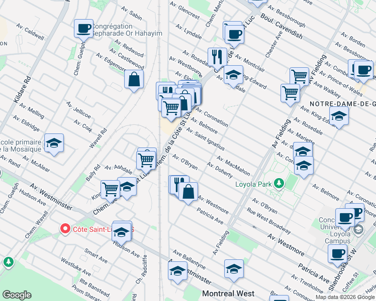 map of restaurants, bars, coffee shops, grocery stores, and more near 5415 Avenue Doherty in Montréal