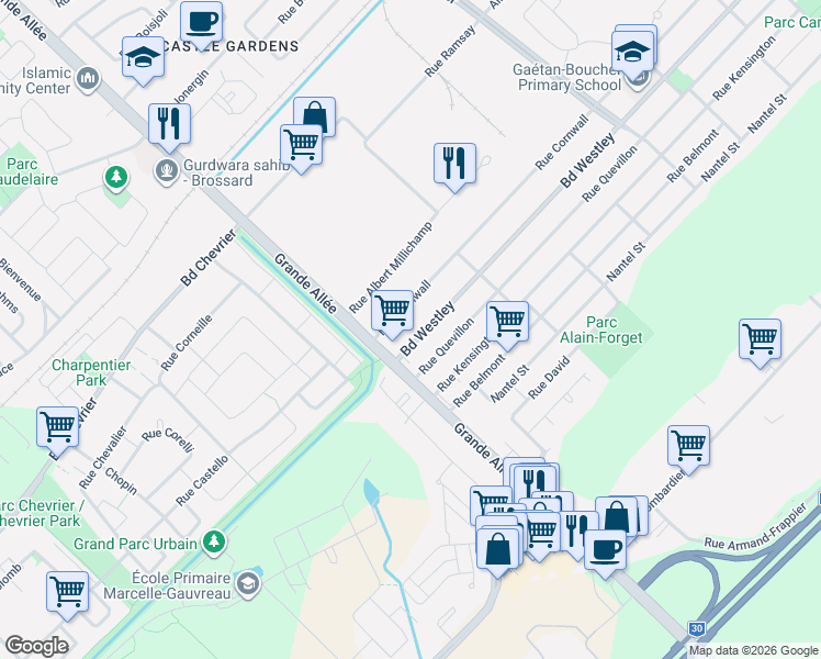 map of restaurants, bars, coffee shops, grocery stores, and more near 5420 Boulevard Westley in Longueuil