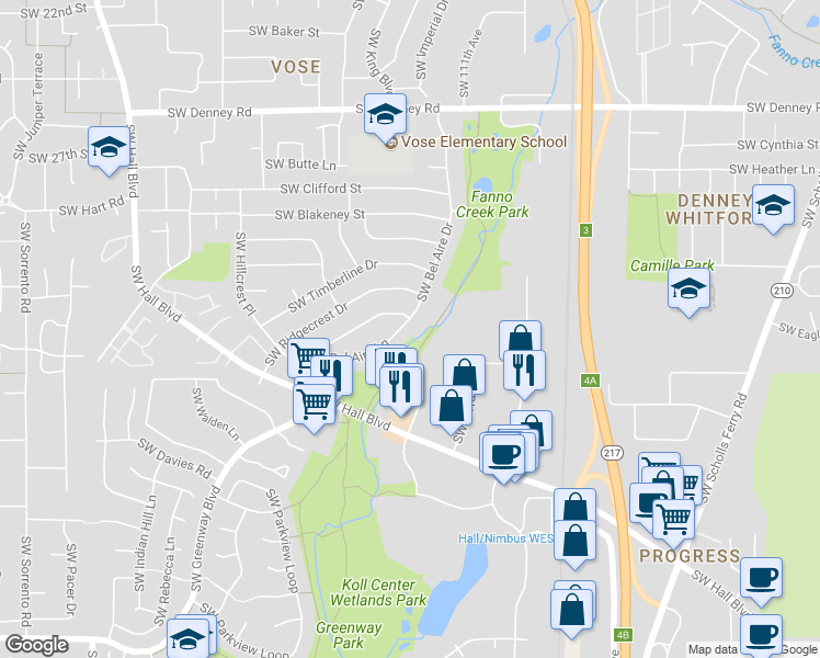 map of restaurants, bars, coffee shops, grocery stores, and more near 11252 Southwest Bel Aire Lane in Beaverton
