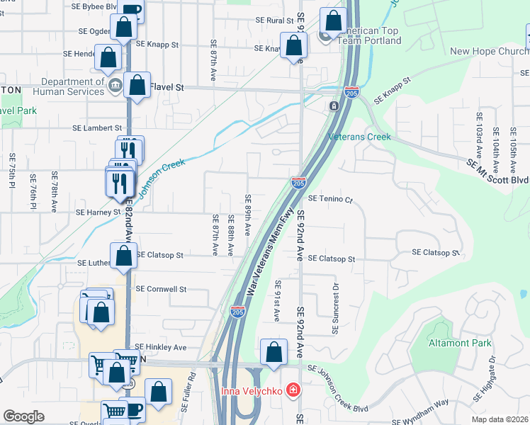 map of restaurants, bars, coffee shops, grocery stores, and more near 8320 Southeast 89th Avenue in Portland