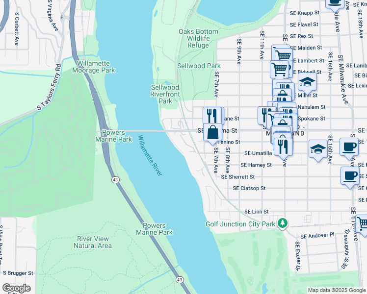 map of restaurants, bars, coffee shops, grocery stores, and more near 340 Southeast Spokane Street in Portland